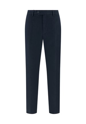 Tmavě modré kalhoty na míru s poutky na pásek, zapínáním na knoflík vpředu a rovnými nohavicemi.