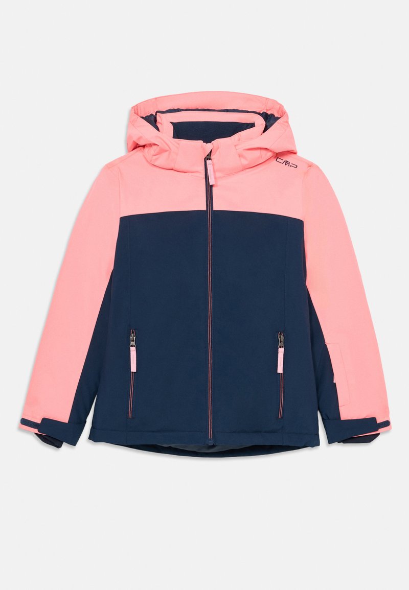 Navy and pink hooded jacket with a zip front, featuring two side pockets, contrasting color blocks, and a smooth texture.