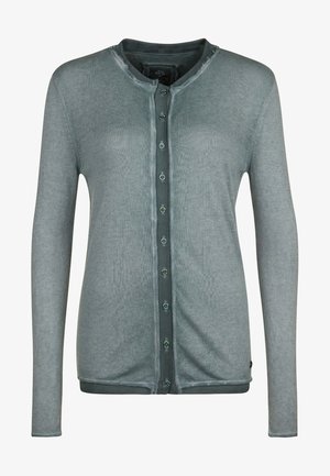Light gray cardigan made of soft fabric, featuring a round neckline, full-length sleeves, and a button closure with contrasting green buttons.