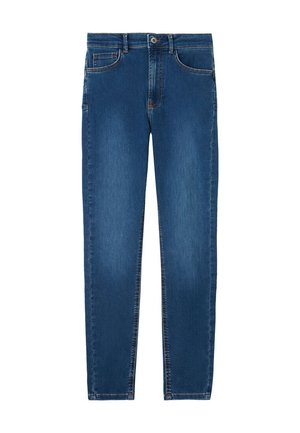 Jean bleu slim avec poches avant, passants pour ceinture, fermeture par bouton et coutures visibles sur fond blanc.