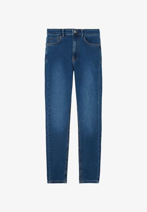 Jean bleu slim avec poches avant, passants pour ceinture, fermeture par bouton et coutures visibles sur fond blanc.