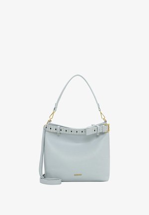 Lichtblauwe leren handtas met een gestructureerde vorm, voorzien van een afneembare riem en een gesp met studs als accent. Inclusief gouden sierbeslag.