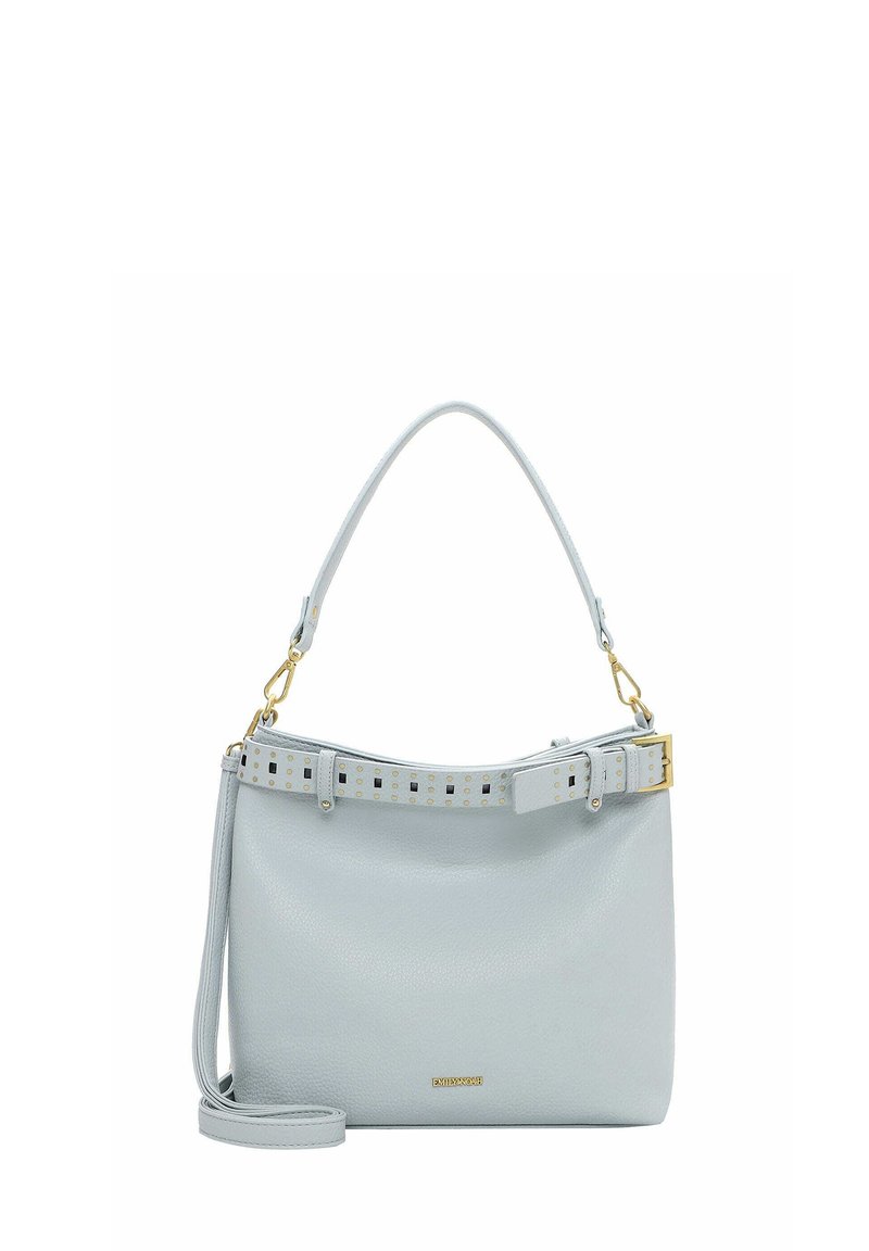 Helehall sinise nahast käekott, millel on struktureeritud kuju, eemaldatav rihm ja naelutatud vöödekoratsioon. Kaasas kuldsed metalldetailid.