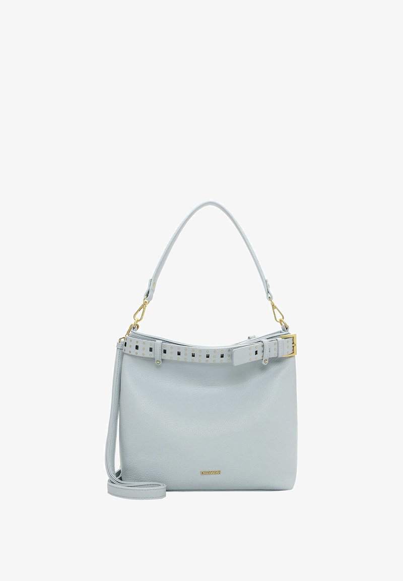 Helehall sinise nahast käekott, millel on struktureeritud kuju, eemaldatav rihm ja naelutatud vöödekoratsioon. Kaasas kuldsed metalldetailid.