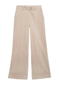 Pantalones de pana anchos color beige con rayas verticales texturizadas, bolsillos frontales, un cierre de un solo botón y una cinturilla ajustada.