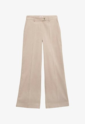 Pantalon en velours côtelé beige à jambes larges avec des rayures verticales texturées, poches avant, fermeture avec un bouton et taille cintrée.
