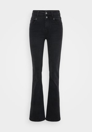 Schwarze Schlagjeans aus Denim mit hoher Taille, zwei Knöpfen und Fronttaschen. Der Stoff hat eine glatte Textur mit leichter Dehnbarkeit.