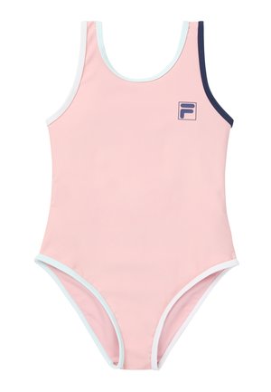 Costume intero rosa con bordo bianco, dettaglio navy sulla spallina destra e piccolo logo navy sul petto.