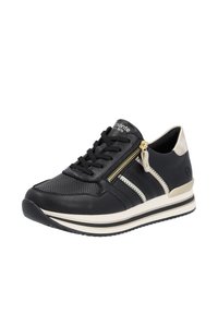Sorte lædersneakers med perforerede sektioner, guld lynlåsdetalje, hvide og beige striber og en tekstureret sål for godt greb.