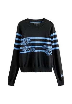 Black sweatshirt with blue horizontal stripes and floral embroidery. Features raglan sleeves and a cropped hem. Smooth texture.
