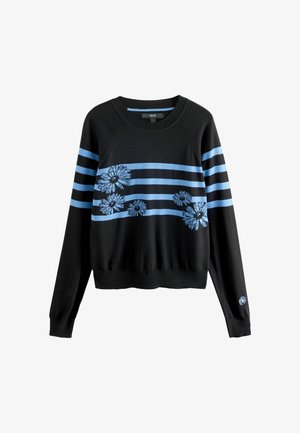 Black sweatshirt with blue horizontal stripes and floral embroidery. Features raglan sleeves and a cropped hem. Smooth texture.