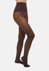 Brune, gjennomsiktige strømpebukser med høy midje, som har en jevn tekstur og en matt finish. Ideelle for lagdeling under antrekk.