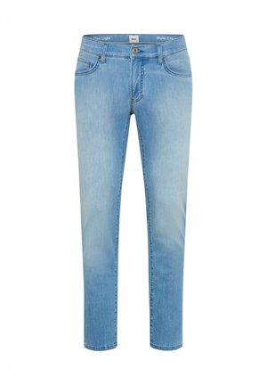 Jasnoniebieskie rurki typu slim-fit z przednim guzikiem i zamkiem, pięciokieszeniowym designem i subtelnym przetarciem na udach i kolanach.