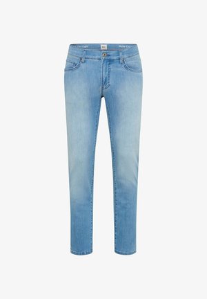 Lyseblå jeans med smal pasform, frontknap og lynlås, fem-lommer design samt let falmning på lår og knæ.