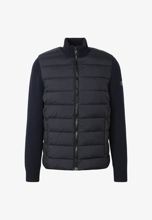 Schwarze Jacke für Herren mit Reißverschluss, wattierter Vorderseite, gestrickten Ärmeln, hohem Kragen und zwei Fronttaschen.