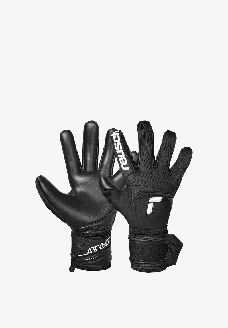 Zwarte keepershandschoenen met een gladde latex palm, getextureerde achterkant, verstelbare polsband en opvallende witte branding.