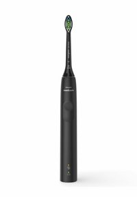 Brosse à dents électrique noire avec un manche fin, un bouton d'alimentation et une tête de brosse multicolore arborant un design vert et bleu.
