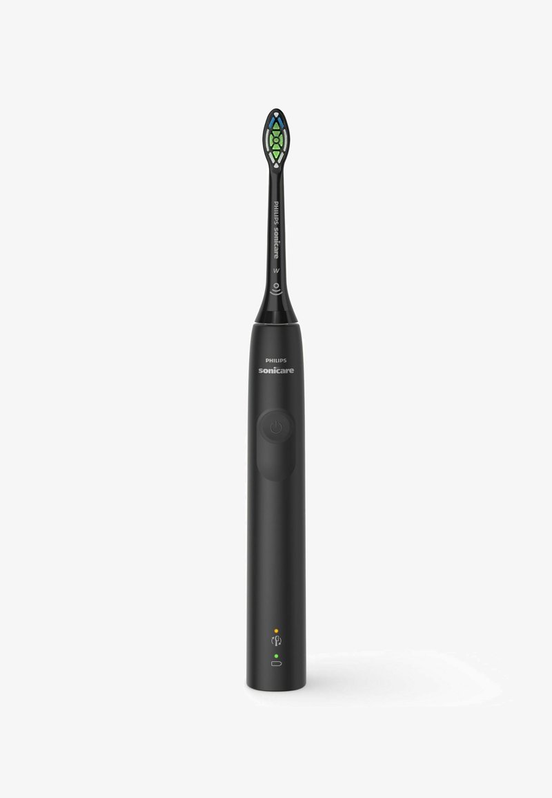 Schwarze elektrische Zahnbürste mit schlankem Griff, Power-Button und einem mehrfarbigen Bürstenkopf mit grün-blauem Design.