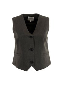 Gilet grigio a righe con scollatura a V, tre bottoni frontali, due tasche laterali e una vestibilità sartoriale con interno foderato.