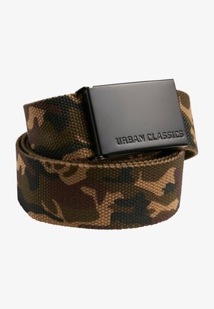 Camo belt made of woven fabric in green, brown, and black hues; features a black metal buckle with "URBAN CLASSICS" engraved.