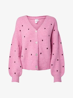 Ružičasti kardigan s rebrastom teksturom, s V-izrezom, tri gumba i srcastim ukrasima tamnije nijanse na cijelom površini.