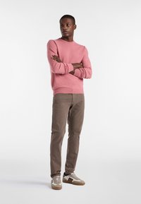 Mann steht mit verschränkten Armen, trägt einen pinken Pullover, braune karierte Hose und weiße Sneaker vor einem schlichten weißen Hintergrund.