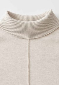 Beige geribbelde coltrui met een brede, gestructureerde kraag en een soepele body met een centrale naad die langs de achterkant loopt.