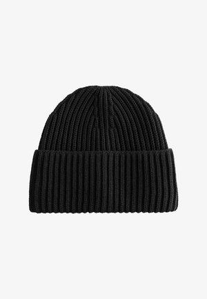 Black knitted beanie with a ribbed texture, featuring a folded cuff. The top is slightly rounded with a subtle cable pattern.