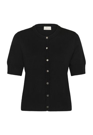 Black short-sleeve cardigan made of soft knit fabric, featuring a round neckline and six silver buttons along the front.
