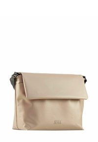 Borsa a tracolla beige realizzata in materiale liscio, con chiusura a patta, tracolla regolabile e un branding discreto sulla parte frontale.