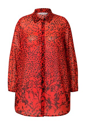 Rode doorschijnende blouse met knopen, voorzien van zwarte stippen en een bloemenpatroon aan de zoom, met een klassiek kraag en lange mouwen.