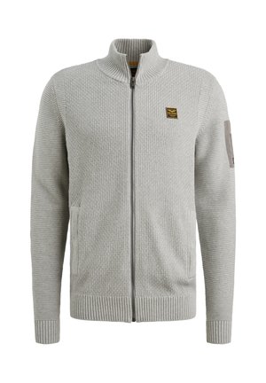 Lys grå zip-up cardigan med ribbet tekstur, sidelommer og kontrasterende skulderlapper, med et lille logo på brystet.