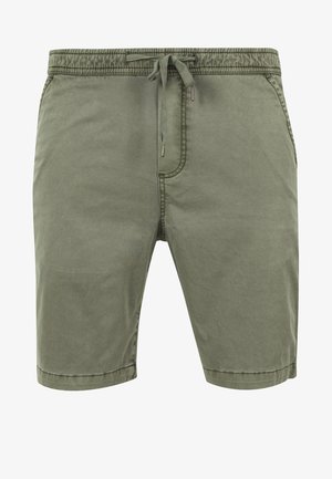 Oliivinvihreät shortsit pehmeästä kankaasta, joissa on joustava vyötärönauha, nyörikiristys ja sivutaskut; polvipituus ja tikatut saumat.