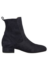 Bottine en daim noir avec petit talon bloc, bout arrondi et languette à l'arrière.