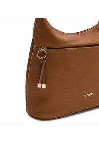 Brown leather shoulder bag with textured surface, featuring a zippered front pocket and gold-tone hardware accents.