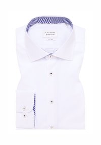 Witte slim fit shirt met een patroon in de blauwe kraag en manchet. Beschikt over een knoopsluiting aan de voorkant en een enkele zak met contrasterende stof.