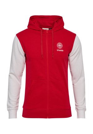 Czerwona bluza z kapturem zapinana na zamek, z białymi rękawami, przednimi kieszeniami, sznurkiem w kapturze oraz logo Duńskiego Związku Piłki Nożnej i Hummel na piersi.