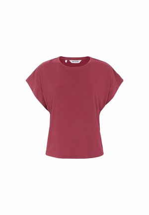 Lühikeste varrukatega, lahtise lõikega tuhmunud roosa T-särk ümmarguse kaelusega valgel taustal.