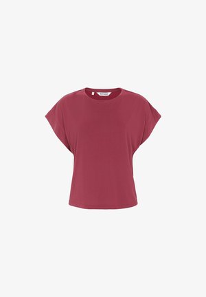 Lühikeste varrukatega, lahtise lõikega tuhmunud roosa T-särk ümmarguse kaelusega valgel taustal.