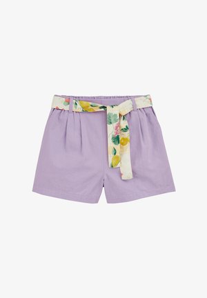 Orhideelillad kõrge vöökohaga lühikesed püksid voldidega ja kreemja kangast vööga, mis on ees sõlmes ja millel on lille- ja sidrunimuster.