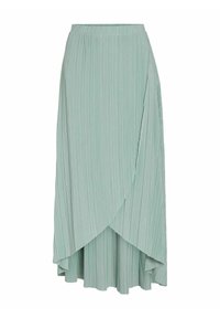 Pleated skirt in soft mint green fabric, featuring a wrap design with an asymmetrical hemline and elastic waistband for comfort.