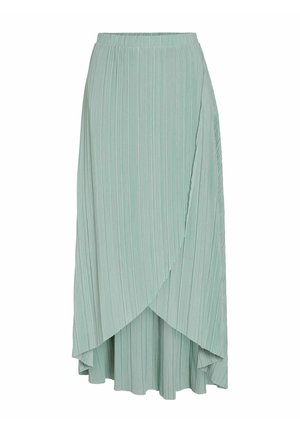 Plisseret skjørt i myk mintgrønn stoff, med en omslagsdesign og en asymmetrisk kantlinje samt elastisk midjebånd for komfort.