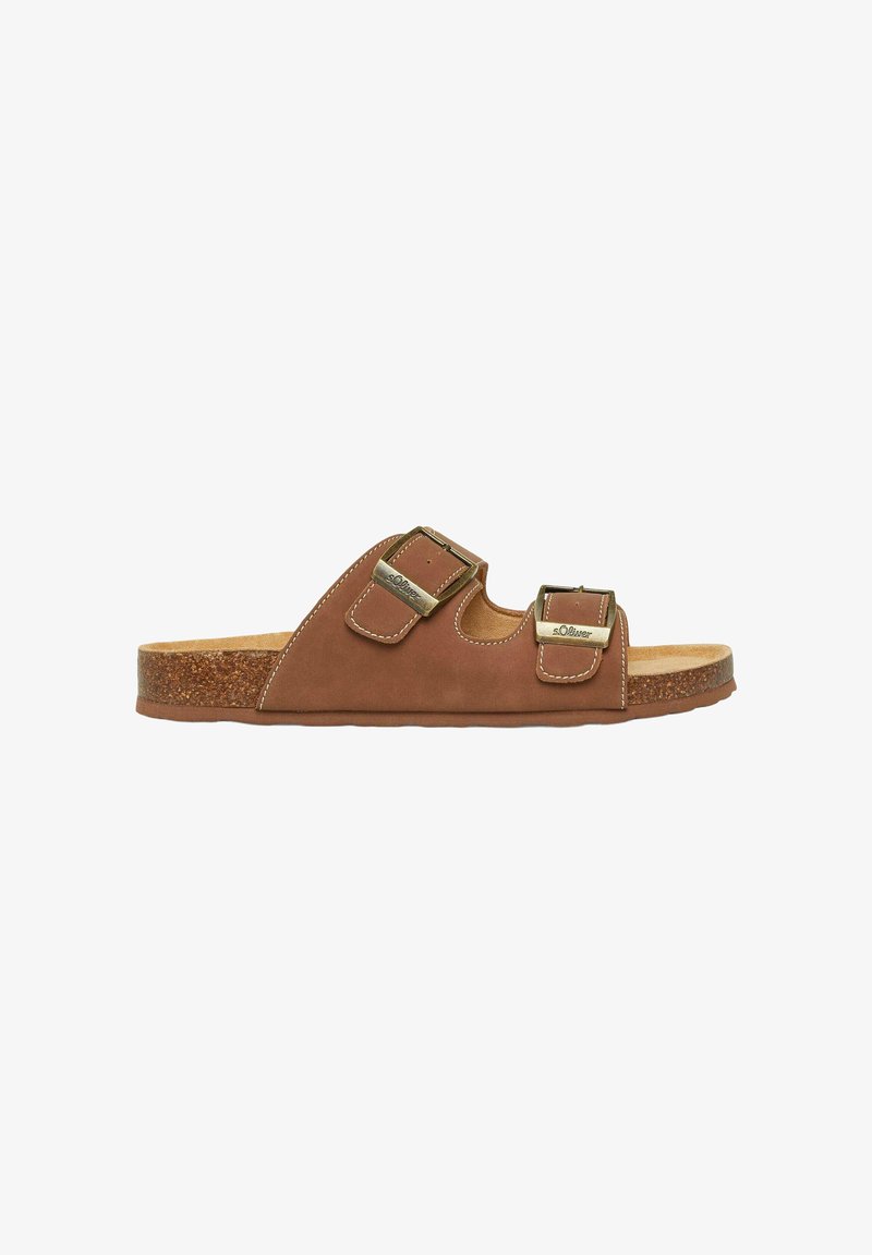 Sandale slide en cuir marron avec semelle en liège et deux boucles métalliques réglables étiquetées « s.Oliver » sur fond blanc.