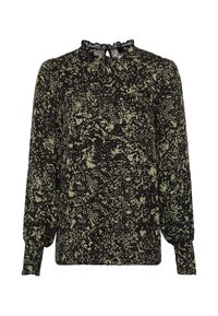 Blouse noire à manches longues avec un motif abstrait vert olive, encolure froncée avec découpe en forme de clé et lien, et poignets smockés.