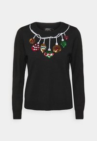Pull noir avec un motif festif, orné de sequins colorés et de détails en couture blanche le long du col.