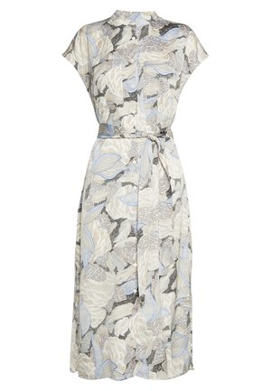 Robe midi boutonnée avec manches courtes, ceinture nouée à la taille et motif floral abstrait en beige, bleu clair et noir.