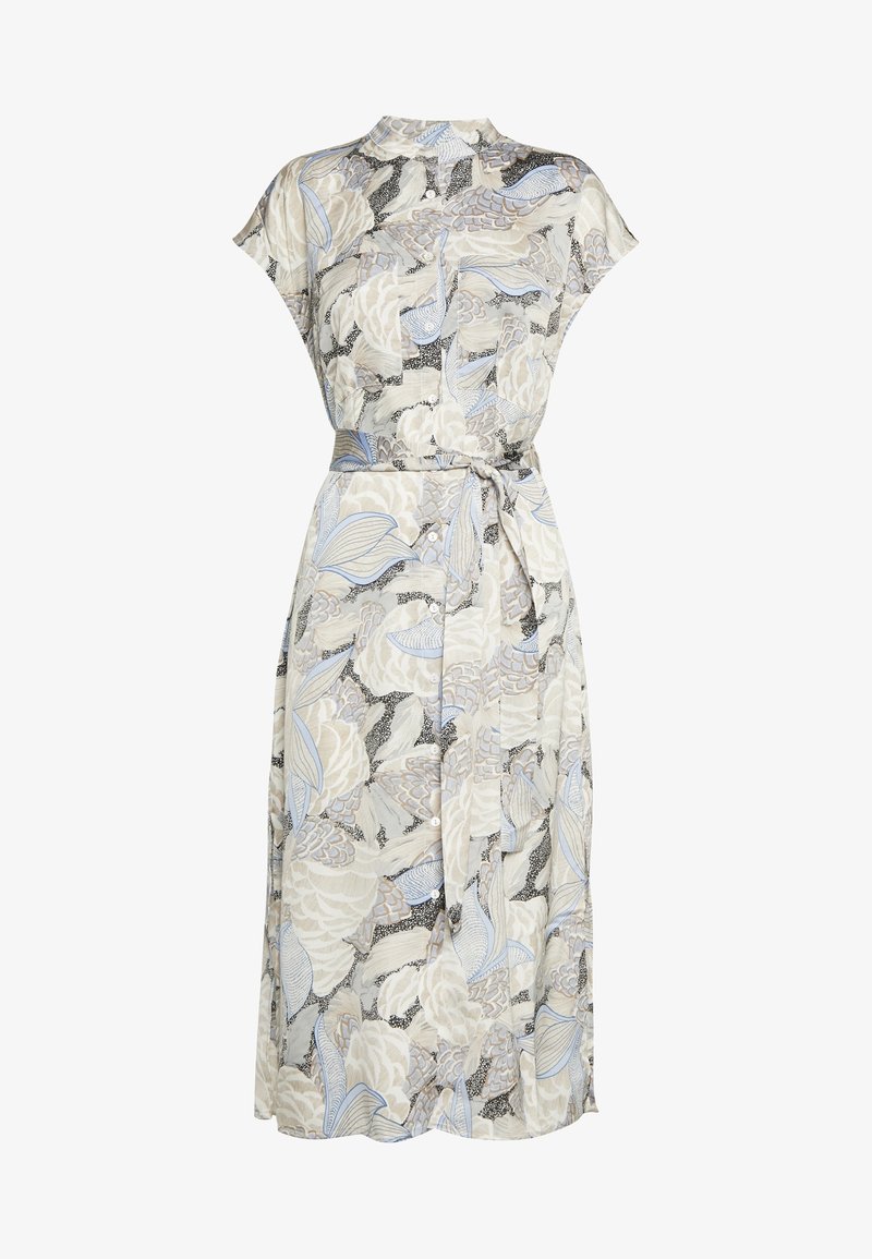 Robe midi boutonnée avec manches courtes, ceinture nouée à la taille et motif floral abstrait en beige, bleu clair et noir.