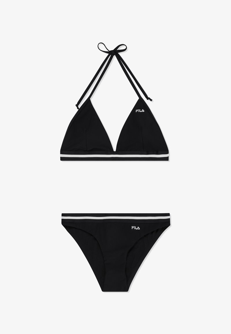 Bikini deux-pièces noir avec haut à nouer autour du cou et bas assorti, tous deux dotés de bandes latérales blanches et d'un petit logo FILA.