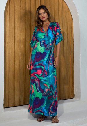Maxikleid mit lebhaftem, mehrfarbigem Wirbeldesign in den Farben Grün, Blau und Pink. Leichter Stoff mit Wickeldesign und kurzen Ärmeln.