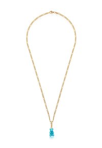 Guld kædehalssmykke med en turkise gummy bear vedhæng med en lille diamant-accentueret bøjle. Kædedesignet er delikat og sammenkoblet.